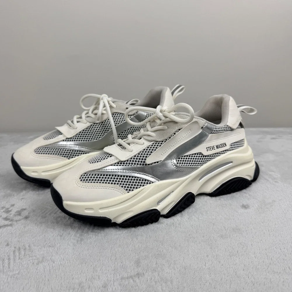 Steve Madden Possession Sneakers Men's 11 Cream Silver Chunky Dad Shoes POSS03S1